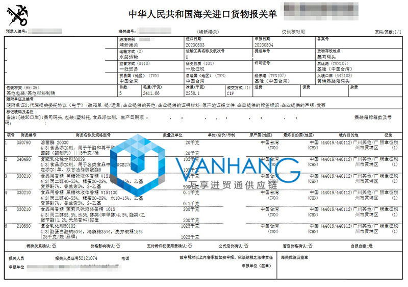 臺灣食品用香精進口報關(guān)資料